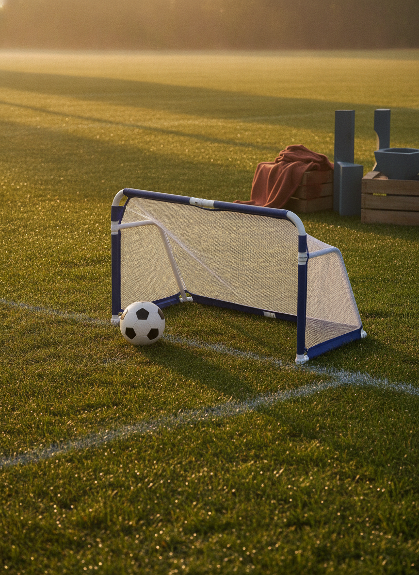 Portable Aluminum Folding Soccer Goal set up on a grassy field at dawn, casting long shadows. The goal is silver with a white