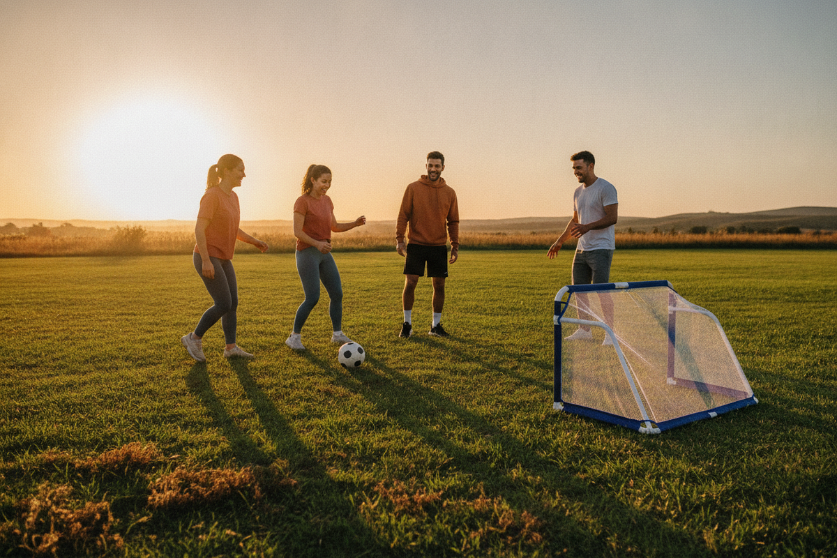 Portable Aluminum Folding Soccer Goal on a grassy field at sunset with diverse friends gathered around, some kicking a soccer