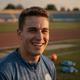 Smiling young adult, gender-neutral, with an athletic build, against a blurred background in slate blue and terracotta tones.