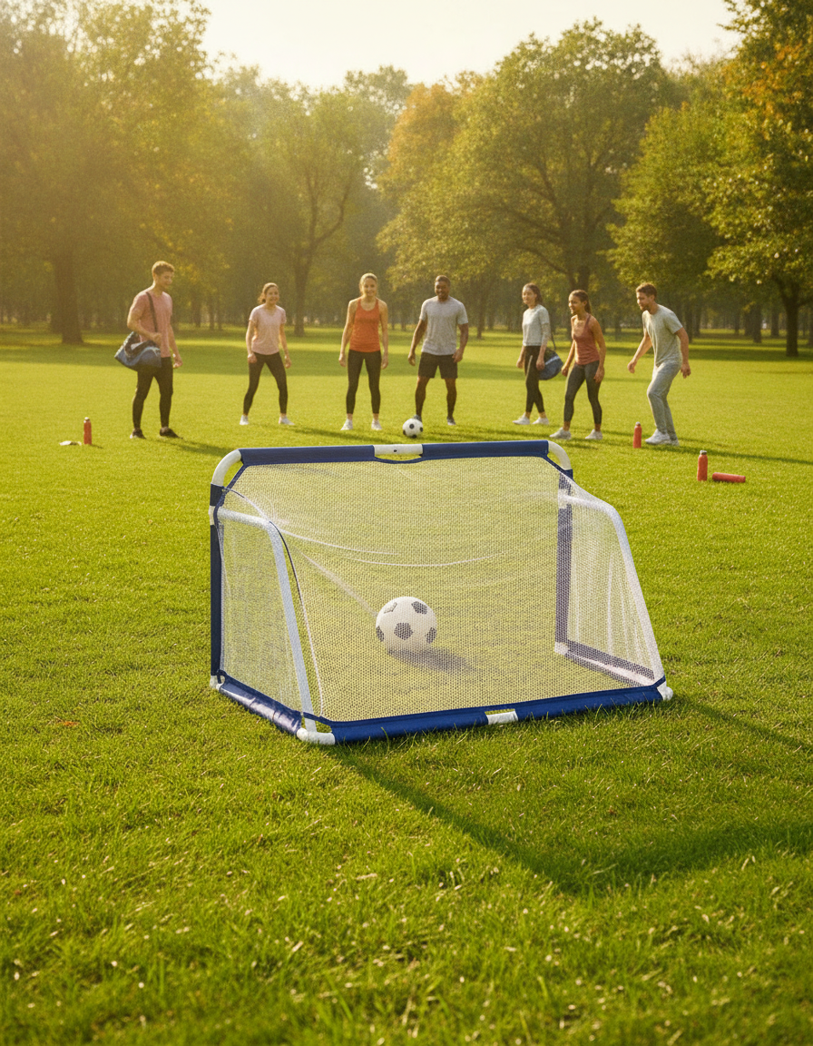 Portable Aluminum Folding Soccer Goal on a grass field with diverse athletes playing soccer in the background.